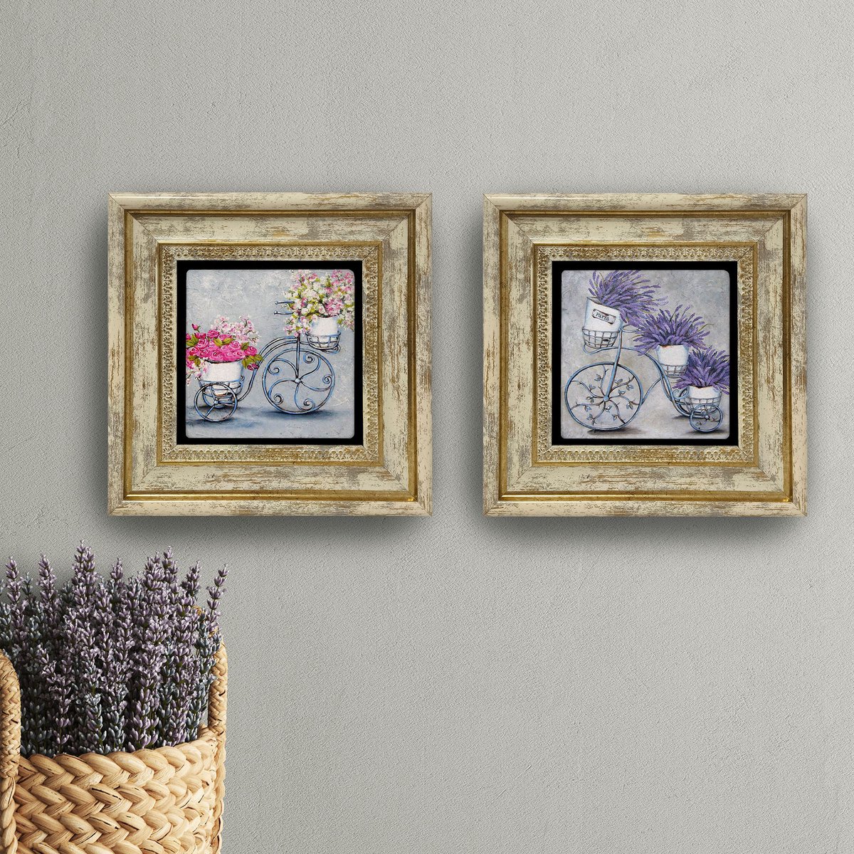 Artlijn Lavendel Wanddecoratie – Vintage Fiets Illustratie – Set van 2 Natuursteen Art Prints – Travertin Steen Kunst