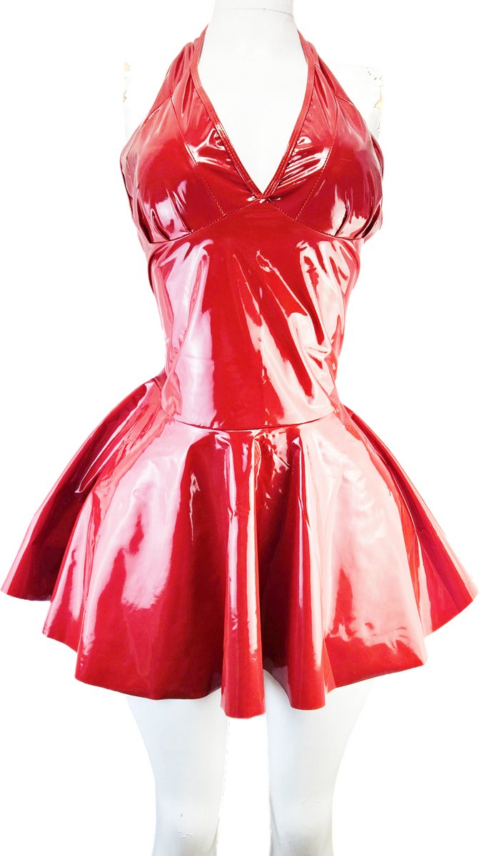 BamBella® - Erotische Jurk- Maat L/XL - Rood Rollenspel sm dames sexy Glans kleding mix van Latex en stof Datex