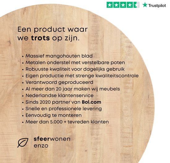 Lijst met kenmerken van het product, waaronder massief mangohouten blad en metalen onderstel.