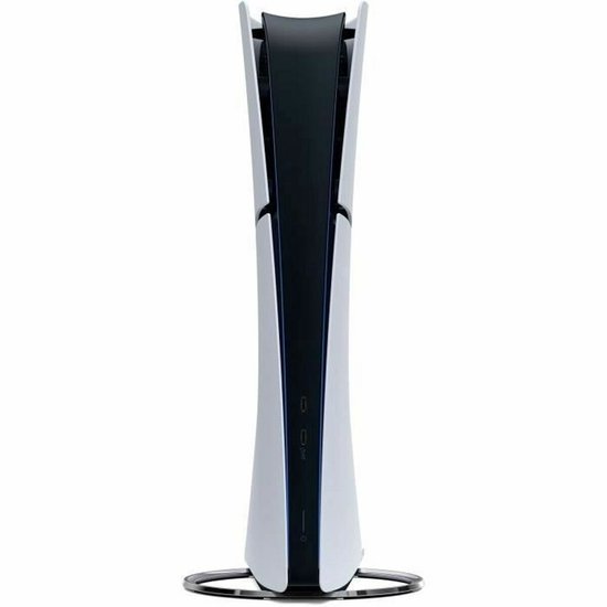 PlayStation 5 Digital Edition console in staande stand, op een zilveren ringvoet.