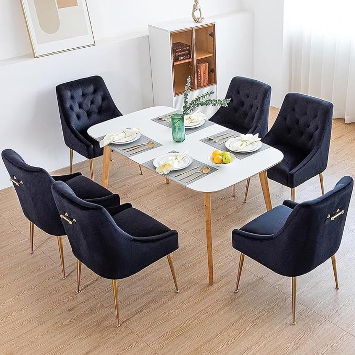 Eetkamerstoelen Set van 6 Fluweel Modern Zwart 54x54x52 cm – Luxe Comfortabele Keukenstoelen met Metalen Poten en Ergonomische Rugleuning – Abkantoor