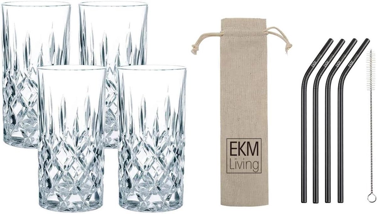 4-delige set Kristallen Longdrinkglazen met Zwarte RVS Rietjes