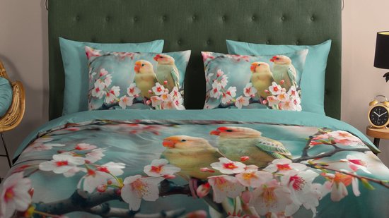 Good Morning dekbedovertrek vogeltjes op een bloesemtak - 1 persoons 140x200/220 cm - Aqua - 100% Katoen renforce van Merkloos — afbeelding 5