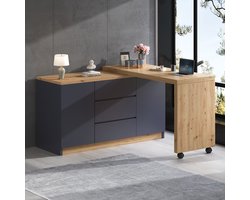 OKWISH Bureau - Draaibaar En Inklapbaar - 2 Deuren En 3 Lades - Voor Werkhoek Of Sideboard - Grijs Eiken - 120x50x76,5 Cm