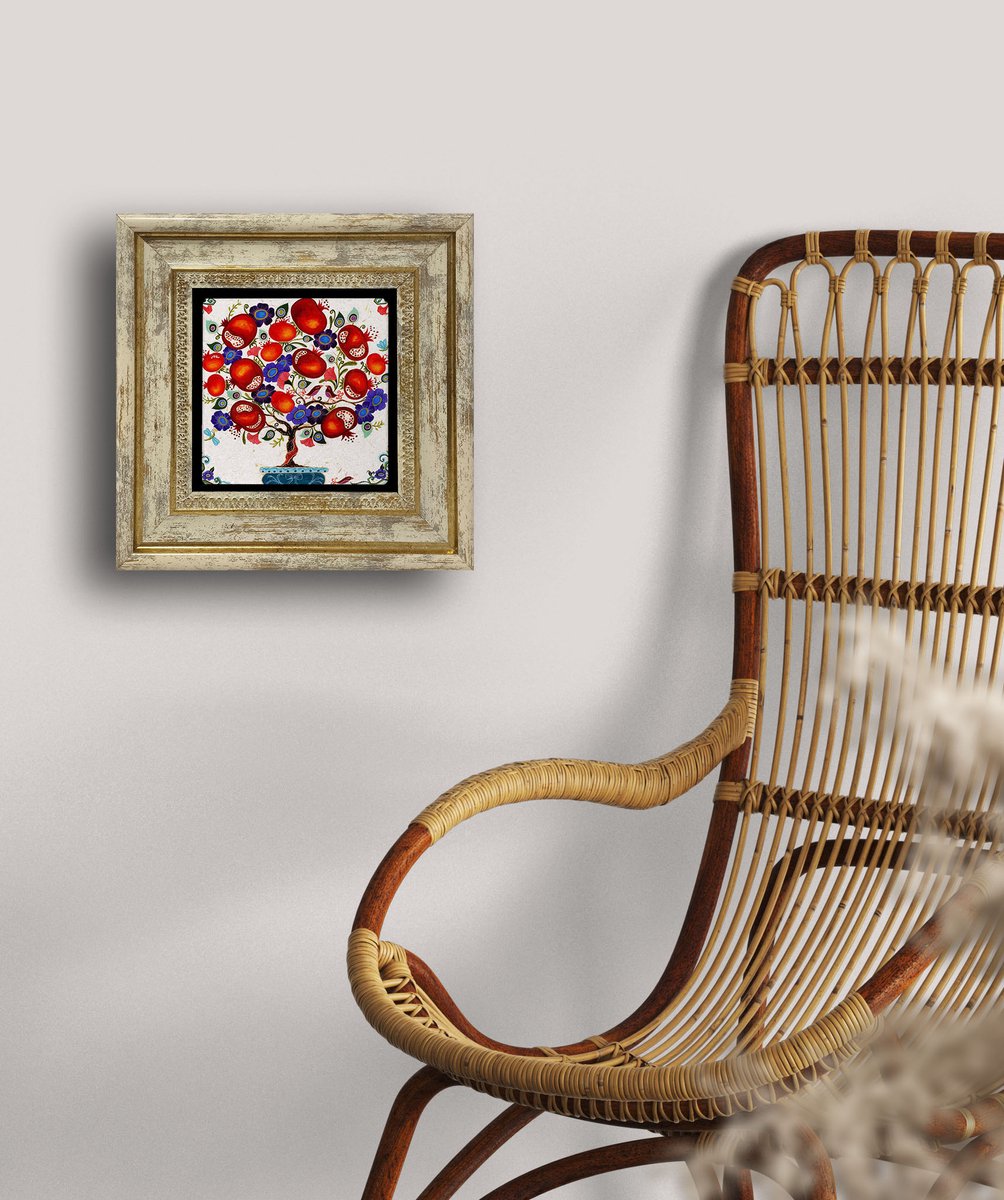 Artlijn Granaatappel Decoratie – Natuursteen Art Print – Travertin Steen Wanddecoratie – Kleurrijke Boom Illustratie