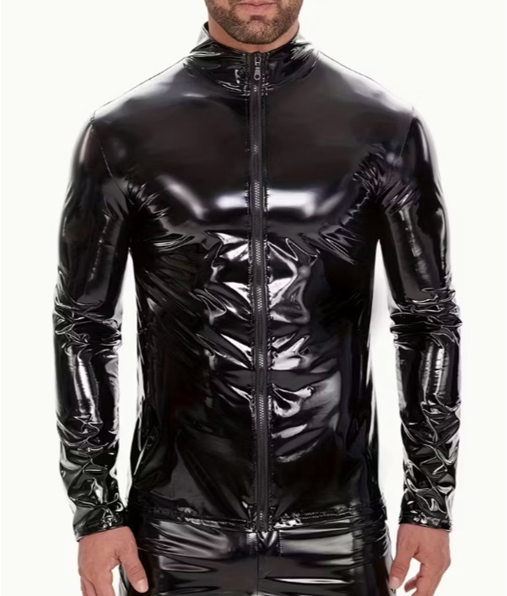 BamBella® Shirt – Heren goth gothic sexy Glans kleding mix van Latex en stof Datex Zwart
