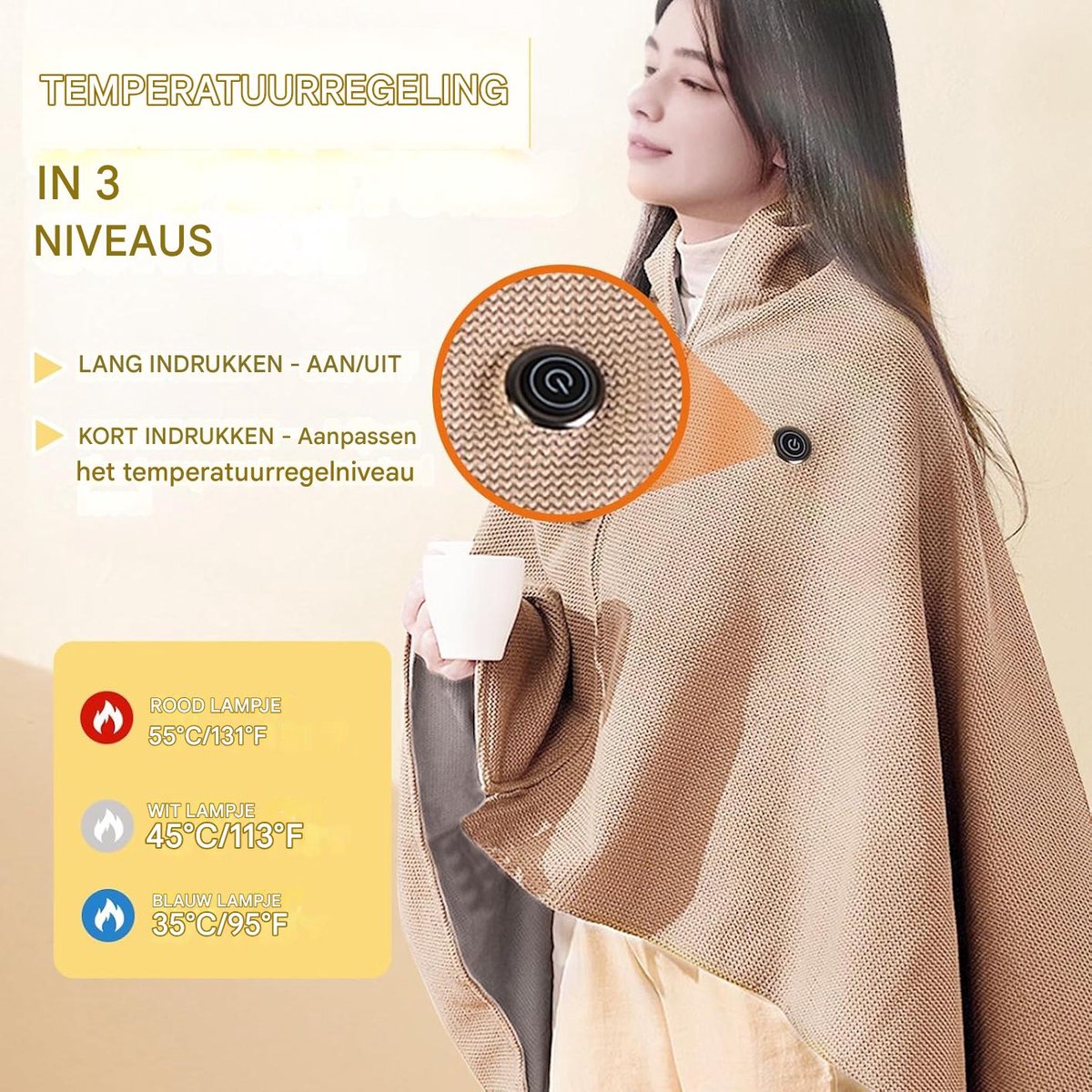 Looplet Verwarmde Omslagdoek Elektrische Deken Met Capuchon - afbeelding 2