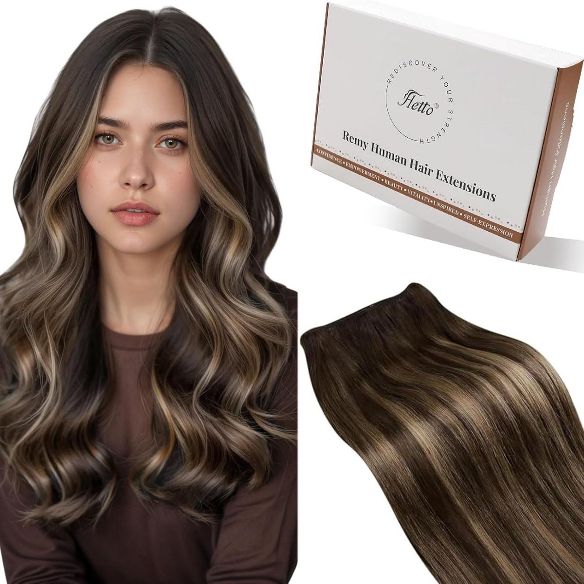 Echt Haar Extensions Balayage Bruin 50 cm, Natuurlijke Skin Weft Inslag voor Naaien