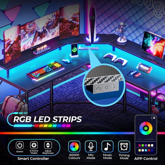 L-vormig Gamingbureau met Stopcontacten, USB en LED Verlichting - Hoekbureau met Monitorplank — afbeelding 2