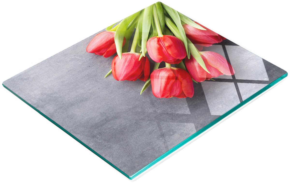 Decoratieve glazen snij- en serveerplank met rode tulpen, 60x52 cm