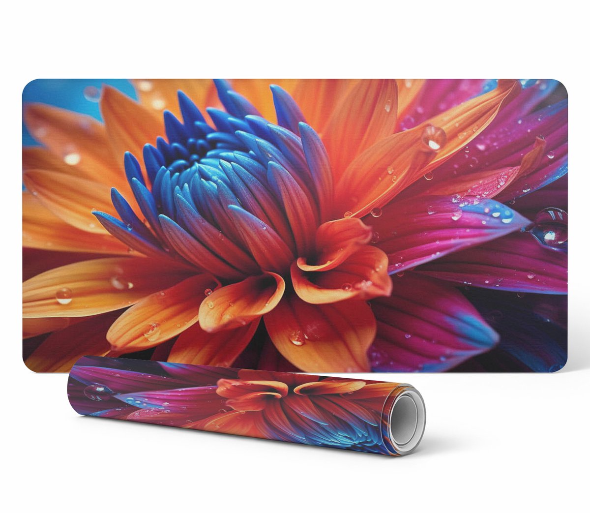 Antislip muis- en toetsenbordmat met bloemmotief en druppels, 120x60 cm