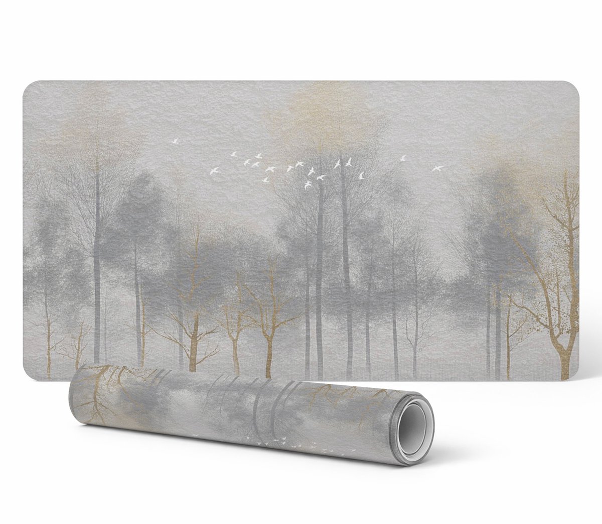 Tafelonderlegger met een stijlvolle print van een mistig bos met vogels, 90x45 cm