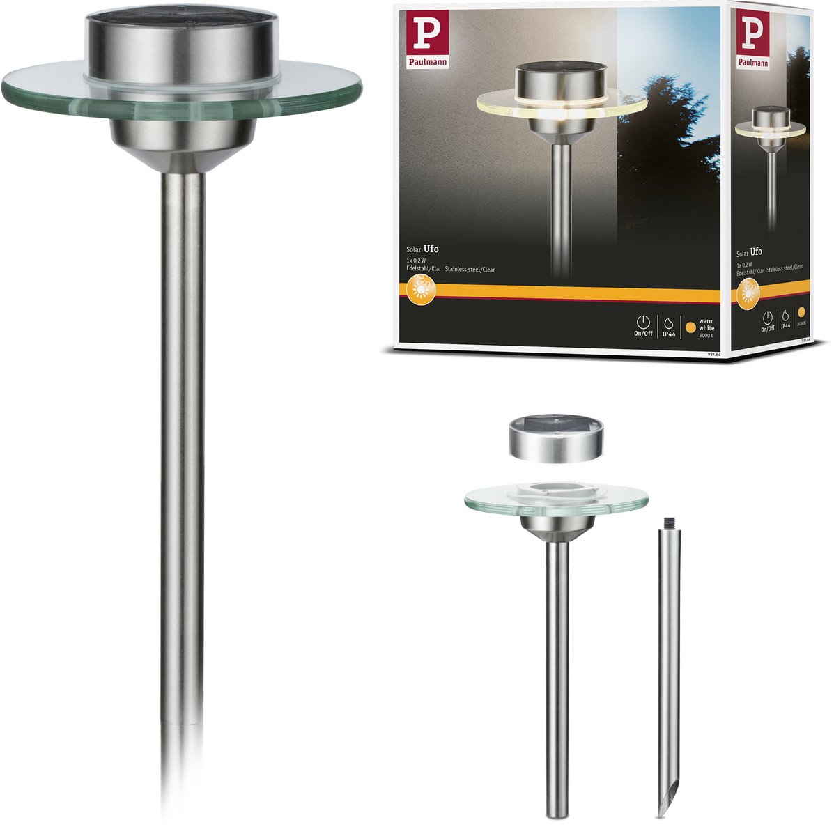 Paulmann 93764 Ufo Tuinlamp op zonne-energie 0.2 W Warmwit RVS, Helder