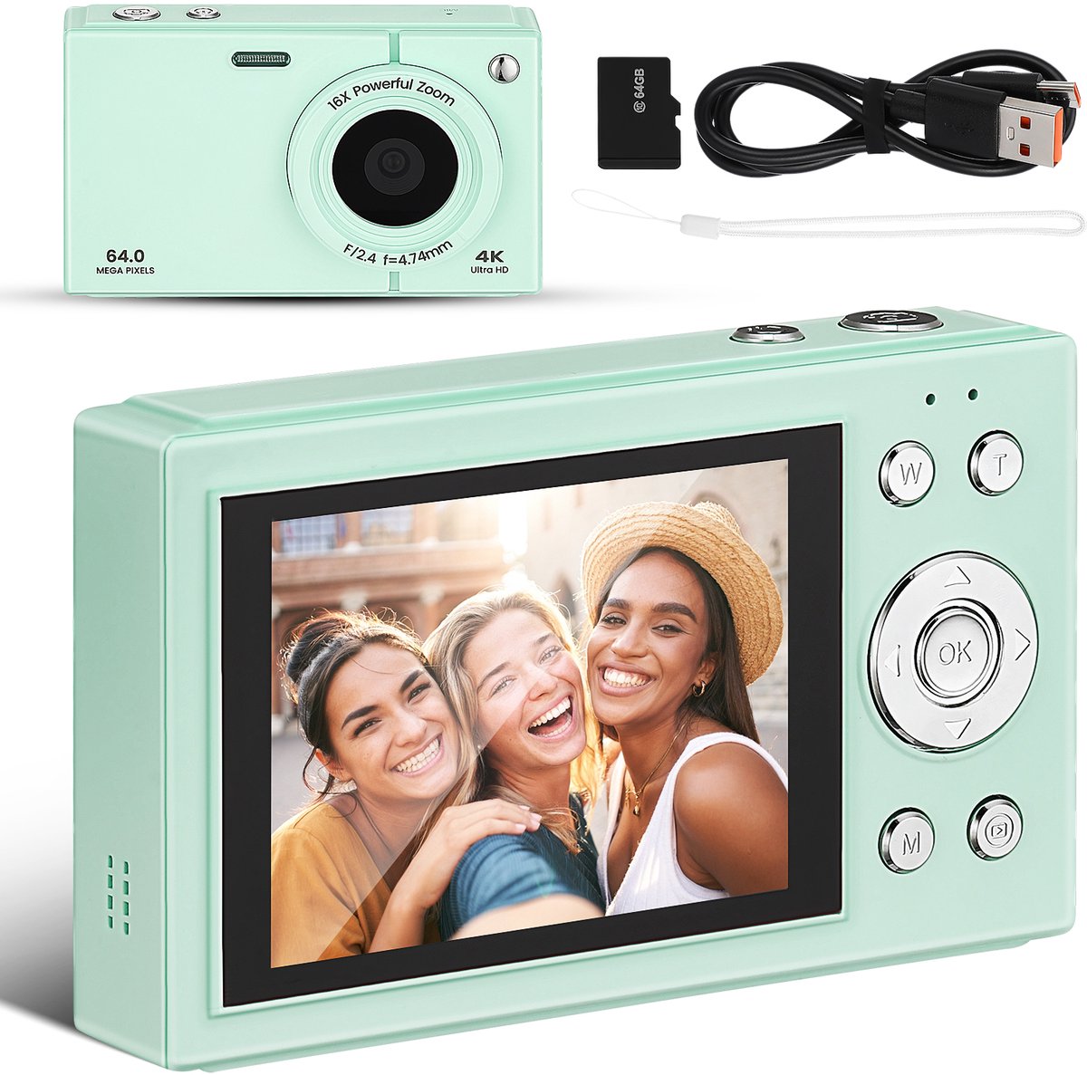 Digitale Camera voor Kinderen & Tieners – 64MP 4K Camera met 16x Zoom – 2,8 inch Scherm – Inclusief 64GB Kaart & WiFi – Retro Compact Camera voor Meisjes & Beginners – Groen