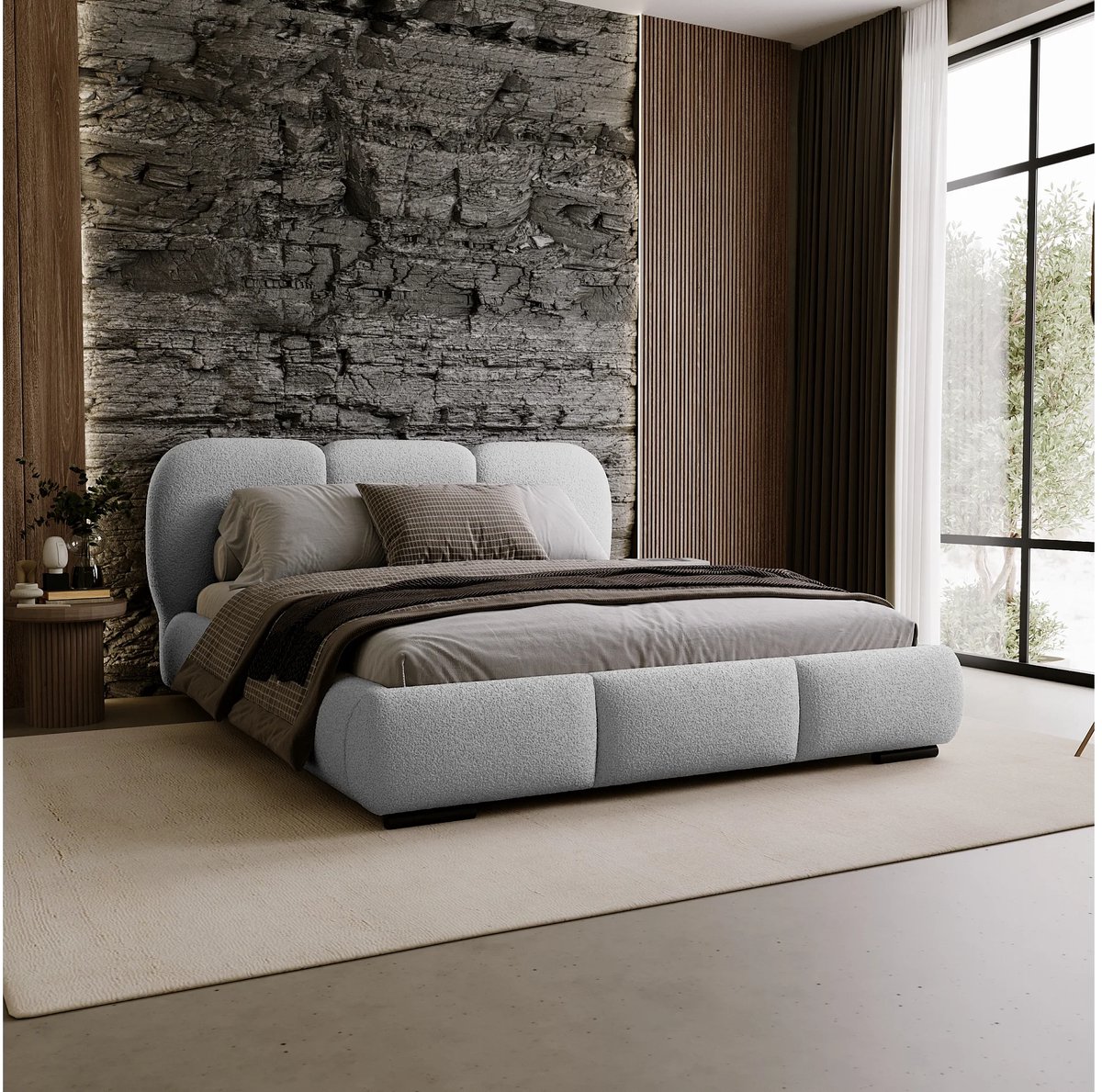 Laura Gestoffeerd Tweepersoonsbed 200x200 cm Holi Luxe Bouclé Bed met Opbergruimte en Houten Lattenbodem – Lichtgrijs – Modern Design – Laura