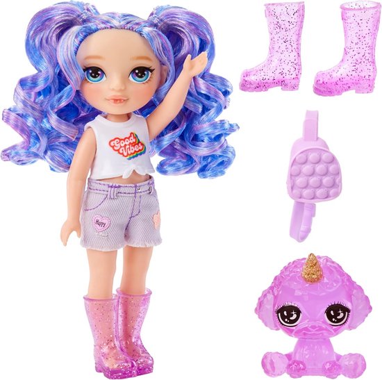 Modepop Amethist Willow - Kleine pop - Fantasierijk spel - Inclusief handtas hond - 14 cm - Paars van Merkloos — afbeelding 2