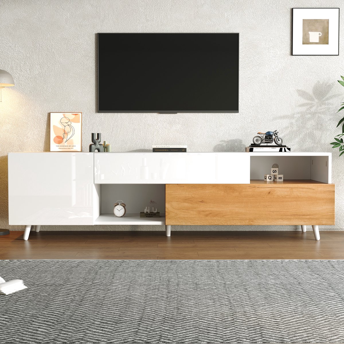MODFU Tv-Meubel - Hoogglans Front En Veel Opbergruimte - Modern - Voor Woonkamer - Spaanplaat En Hout - Wit En Naturel - 180 X 38 X 50 Cm Wit+Natuurlijk
