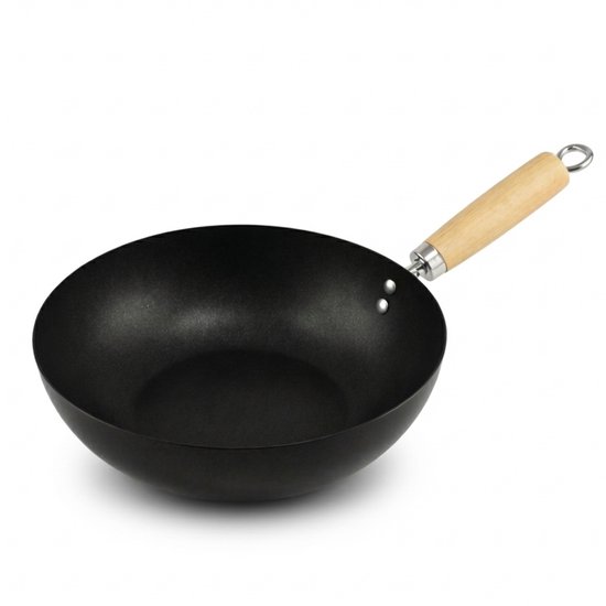 Wokpan – (28 cm) – Zwart staal met houten handvat – geschikt voor gas, inductie en elektrisch – PFAS vrij – Roerbakpan