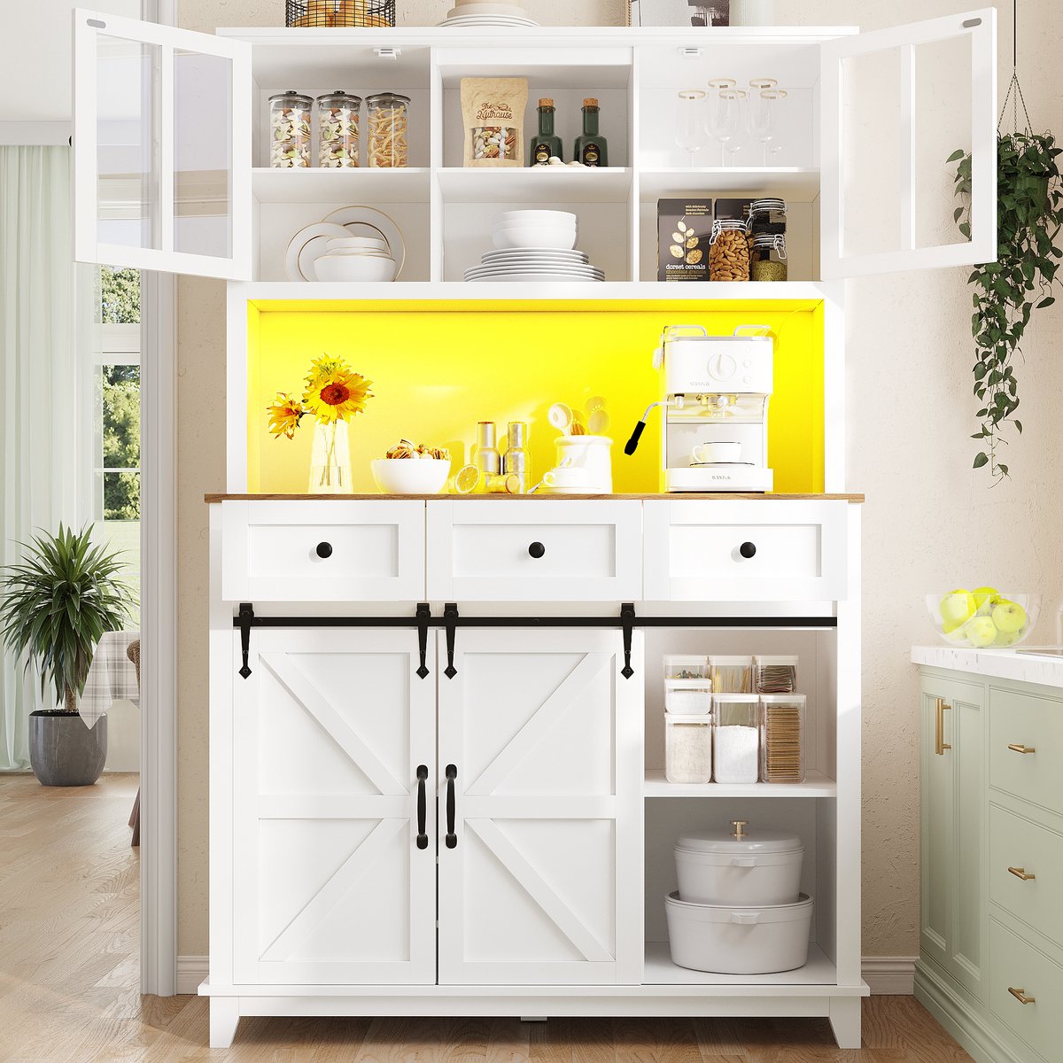 MODFU Keukenkast - Met LED-Verlichting En Verstelbare Planken - Moderne Landhuisstijl - MDF - Wit - 105 X 38,4 X 180 Cm