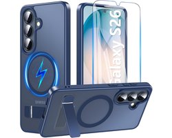Geschikt voor Samsung Galaxy S26 - 3 in 1 - 2 Stuks Screenprotector - Geschikt voor Mag - Kickstand - Back Cover Hoesje - Blauw