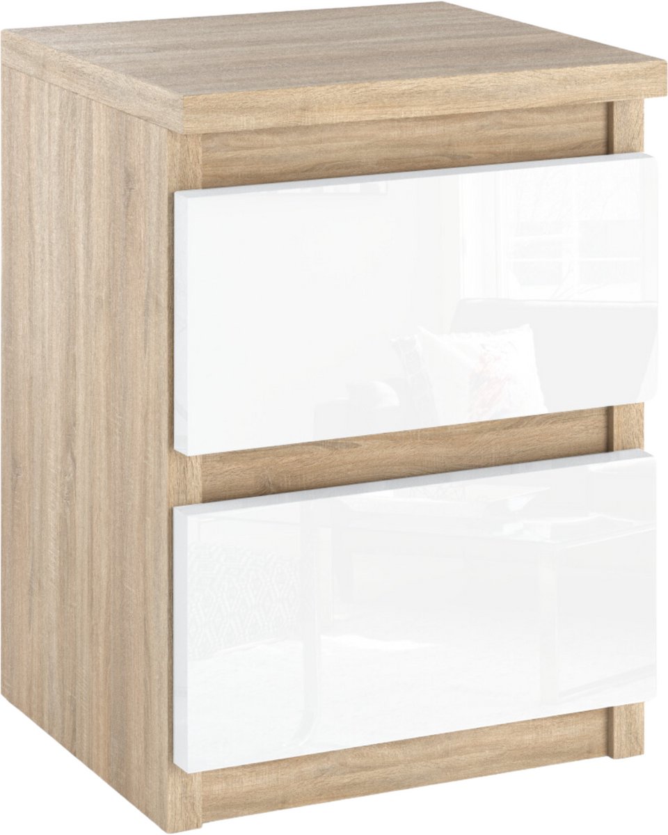NACHTKASTJE SONOMA EIKEN WIT GLANS 30 CM 2 LADEN TV-TAFEL VOOR DE SLAAPKAMER