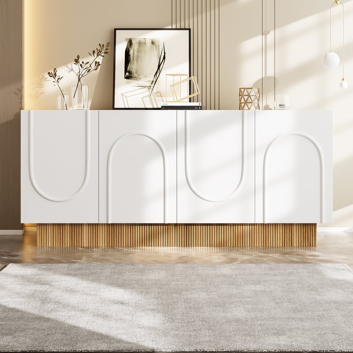 REDOM Dressoirkast - 4 Deuren - U-Vormig Reliëf - Modern - Voor Woon- En Eetkamer - Spaanplaat - Wit En Houtkleur - 160 X 75 X 38 Cm Wit+Hout