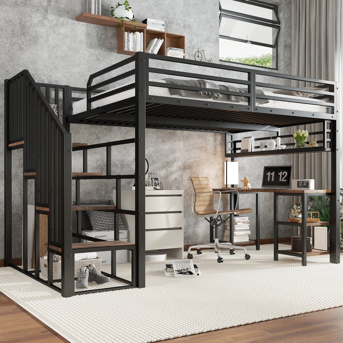 Wishdor Hoogslaper 120x200 cm - Met geïntegreerd bureau en veilige trap met leuning - Ruimtebesparend - Slaapkamer kinderkamer - Metaal en bewerkt hout - Zwart en walnoot Zwart + Donker walnoot