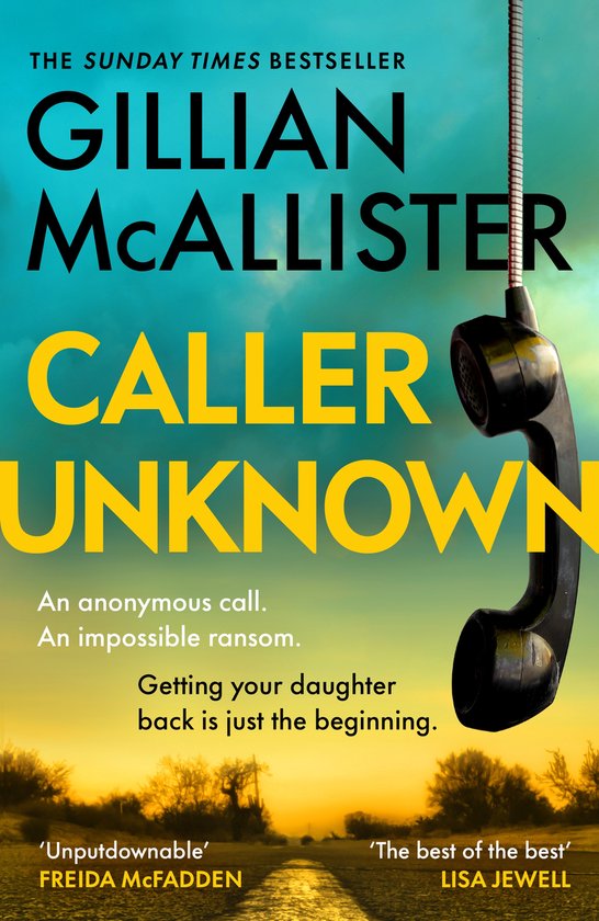 Boekomslag van 'Caller Unknown' met een oude telefoonhoorn en een dreigende gele tekst.