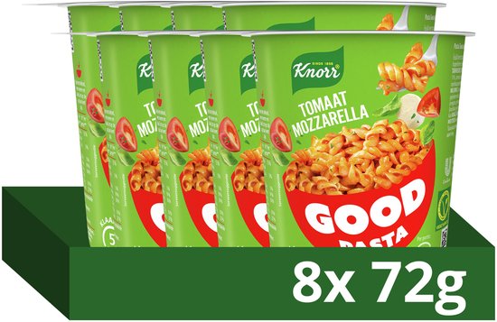 Verpakking van Knorr Good Pasta Tomaat Mozzarella, 8 x 72g cups.