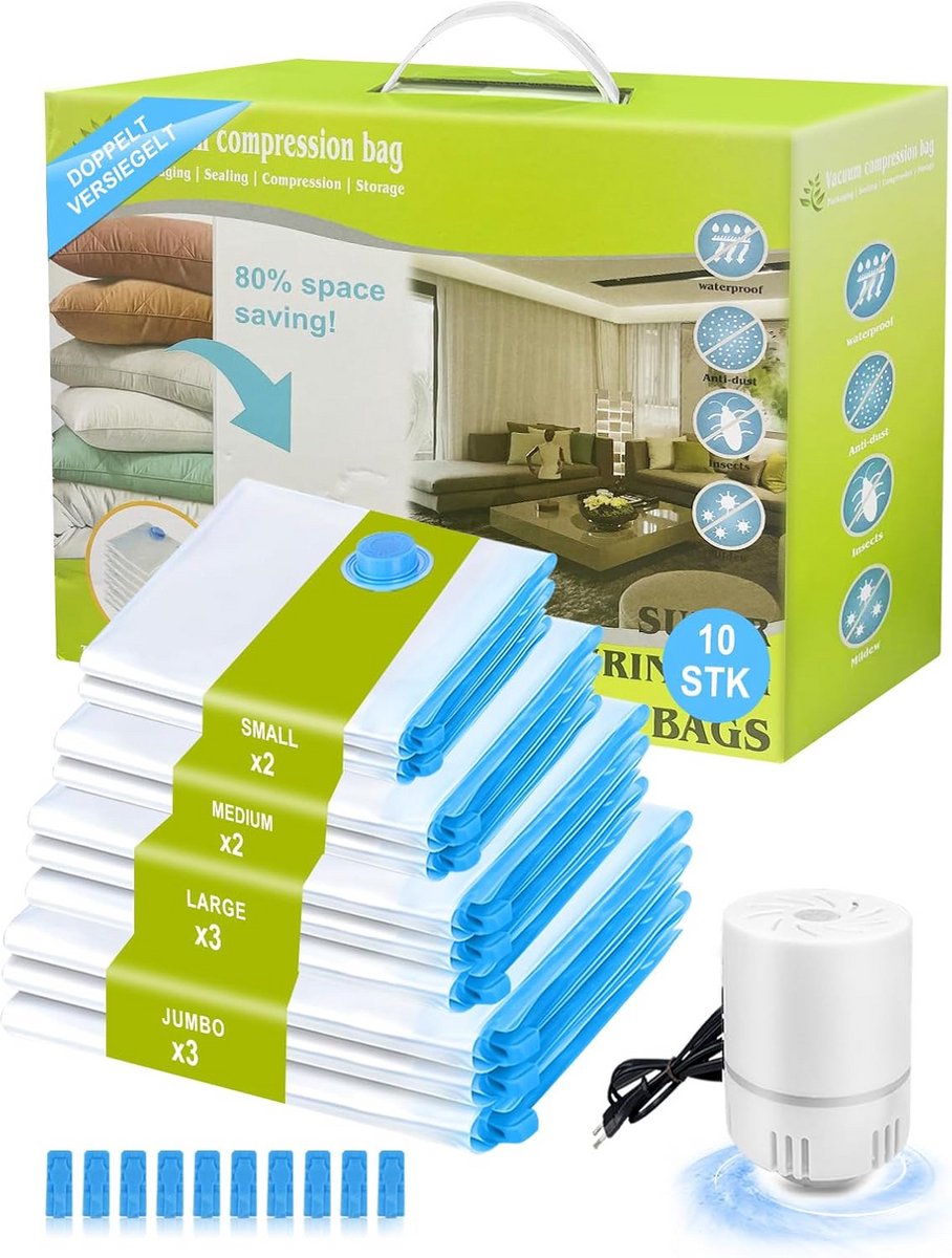 Vacuümzakken Set 10 Stuks met Elektrische Pomp voor Kleding en Beddengoed