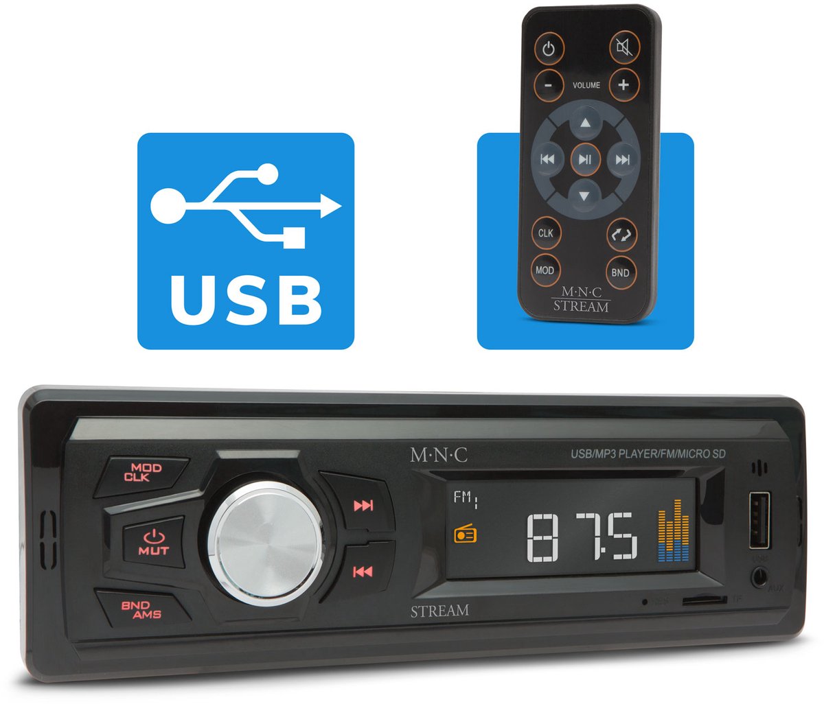 M.N.C "Stream" 1 DIN Autoradio - FM, USB, AUX en microSD, Compact met Kleurrijk Display [39709]