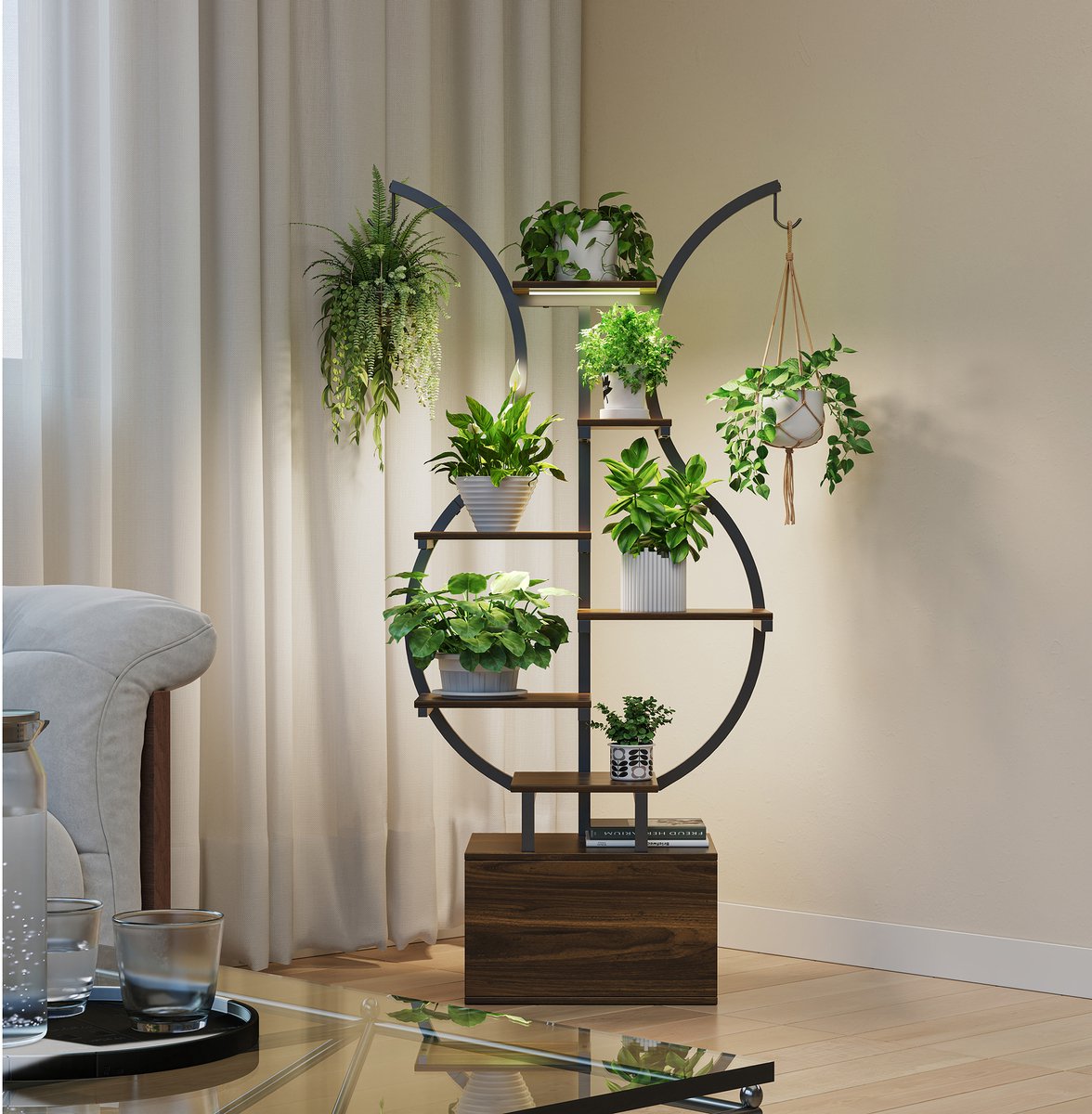 Plantenstandaard 40×30×142 cm – Tijgerbladkleur – LED Groei Lamp – Met Haken – Opberg- & Displaykast