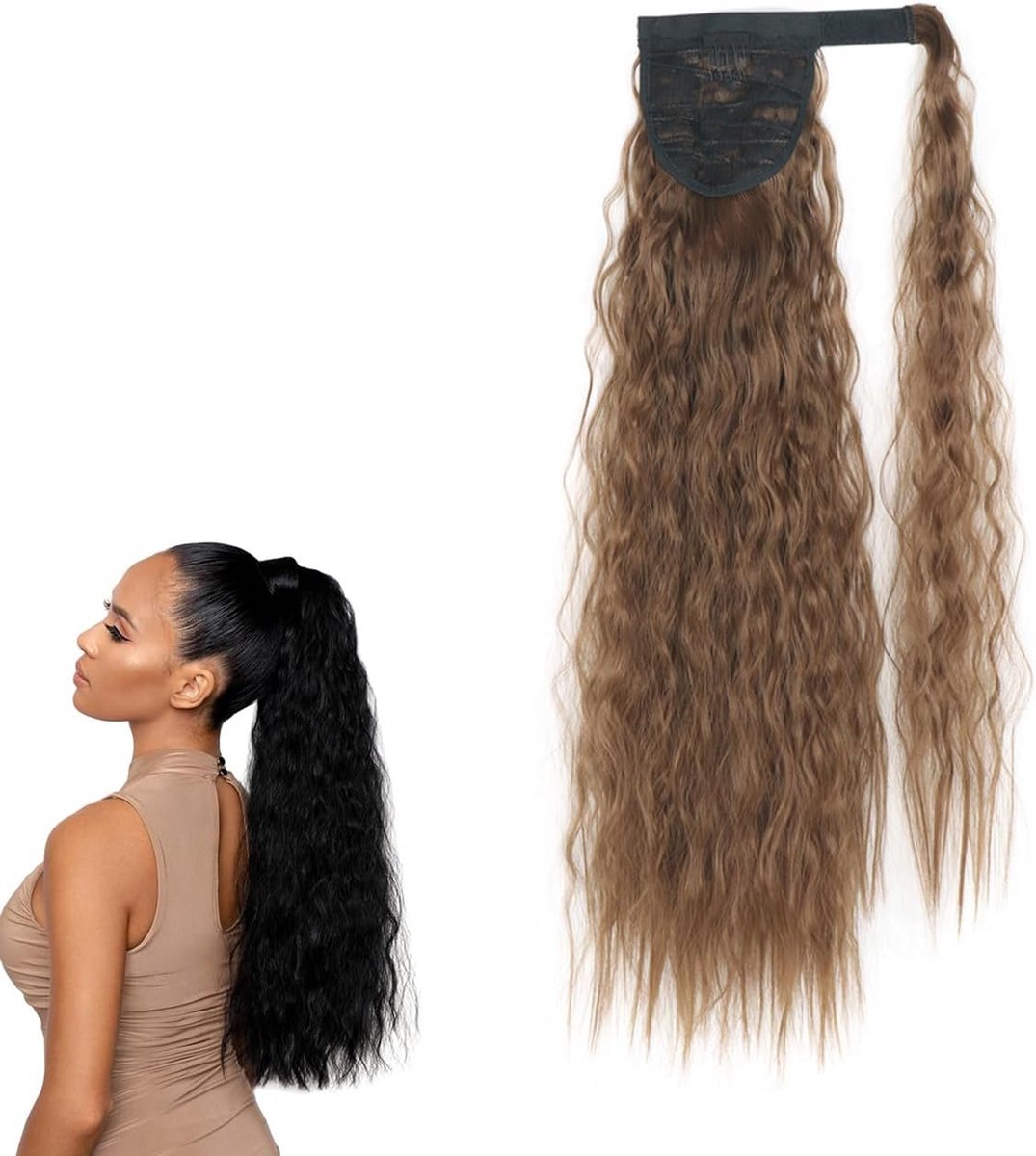 Lange Golvende Clip-In Paardenstaart Haarverlenging Synthetisch Bruin