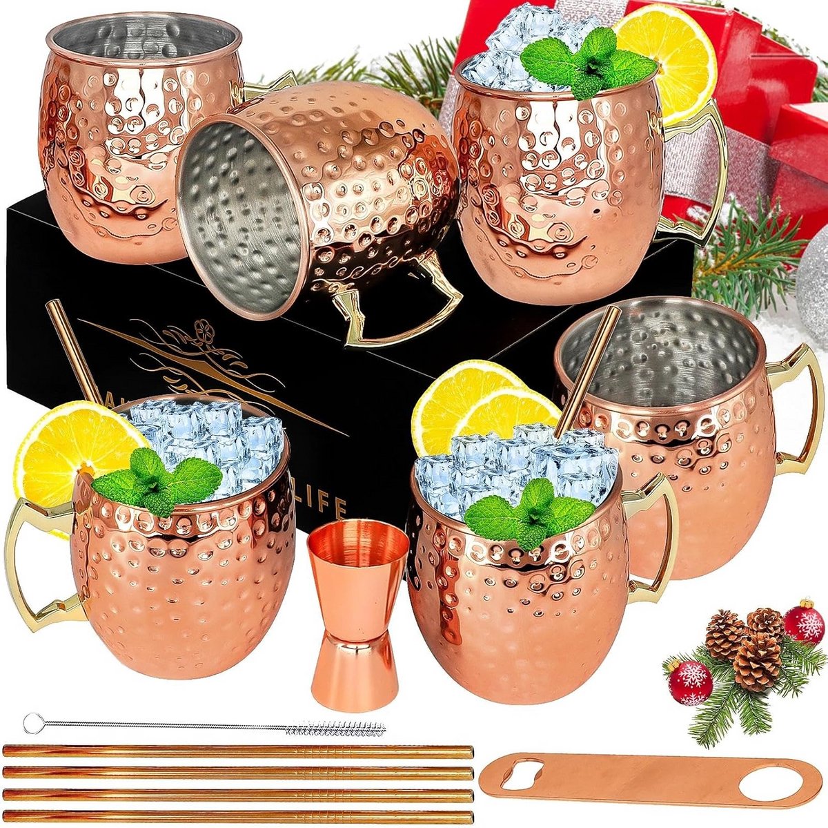 Set van 6 Koperen Mokken voor Moscow Mule - 28 Oz Gekoelde Drankbekers