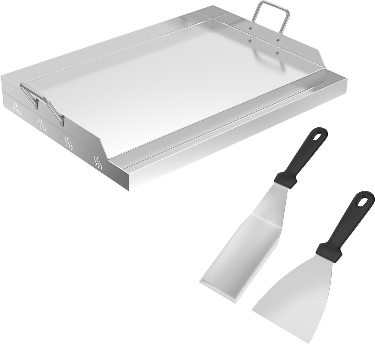 RVS Grillplaten 2mm Massieve Stalen Grillplaat Set Met 2 Grillspatels, Greep & Vetopvanggroeven Universele Griddleplaat Voor Gas- & Koolgrill Plancha Grillschalen Voor Feest (61x41x7cm) NAIZY
