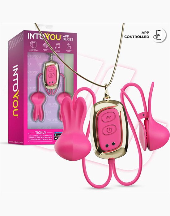 Roze INTOYOU tepelklemmen met konijnenoren, ketting, bedieningspaneel en verpakking met "Tickly" opdruk