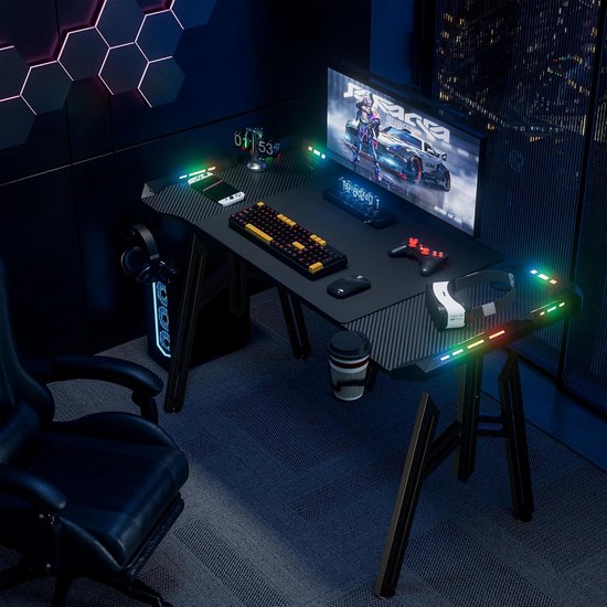 Ergonomisch Gaming Bureau met LED Verlichting Koolstofvezel Zwart Groot Werkstation — afbeelding 4