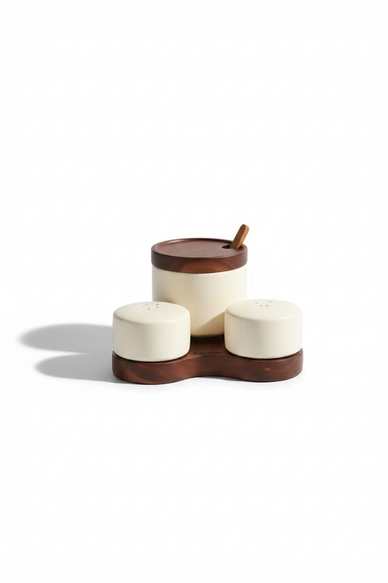Bavary Terra Kruidenpotjes Set met Houten Houder 3 delig Keramiek Beige Zout Peper en Specerijen Minimalistisch Design