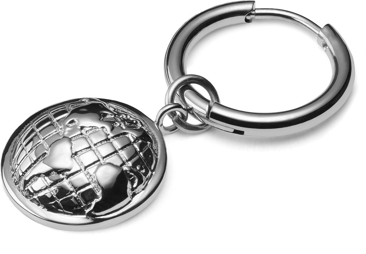 Zilverkleurige Titanium Hoepeloorbel met Bungelend Wereldbol-bedeltje