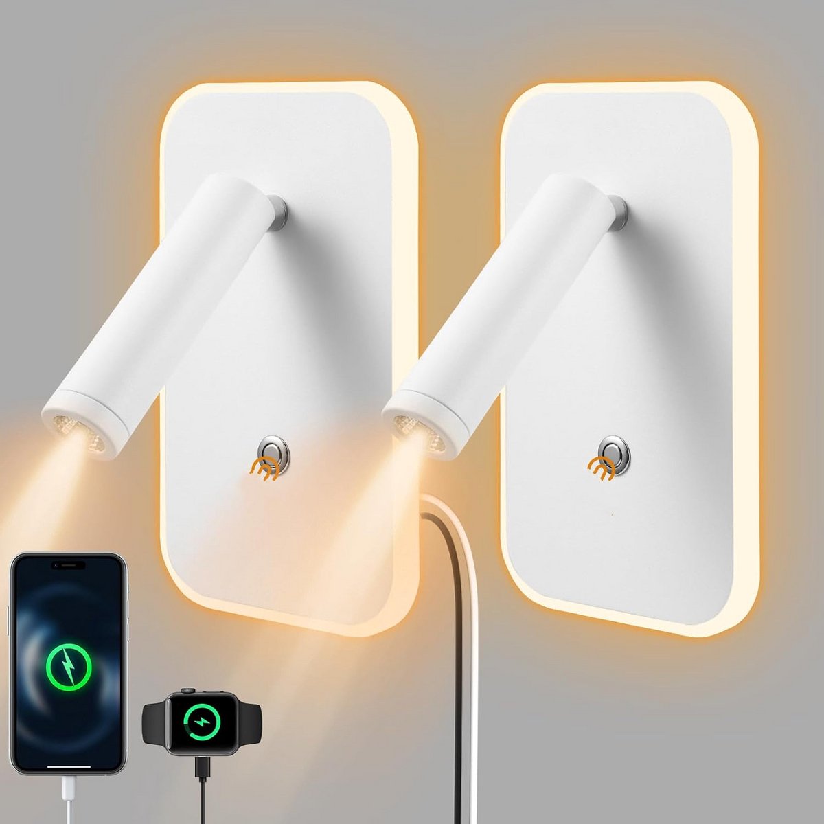 Verstelbare Led Wandlamp met USB en Type-C Oplaadpoorten, Traploos Dimbaar Nachtlampje