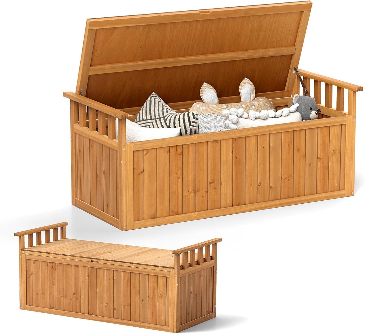 KOMFOTTEU Opbergbox & tuinbank, zitbank met 209 liter opbergruimte & zijgrepen, kussenbox van sparrenhout, kistbank, tuinbox, opbergbox voor tuin, terras en veranda, 128 x 58 x 53 cm
