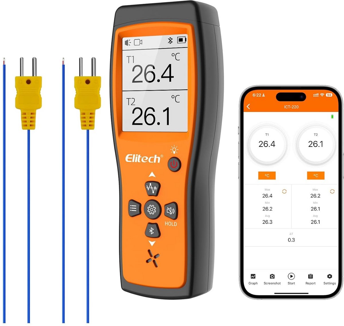 Professionele Dubbele Thermokoppel Thermometer - K-Type Temperatuursensor met App