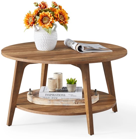 Table Basse House of Balance Ronde - Table Basse en Bois - Table d'Appoint - Design Bois Brun - 2 Étages - 80 Ø Cm - Hauteur 45 cm - Matériau MDF Robuste - Assemblage Facile