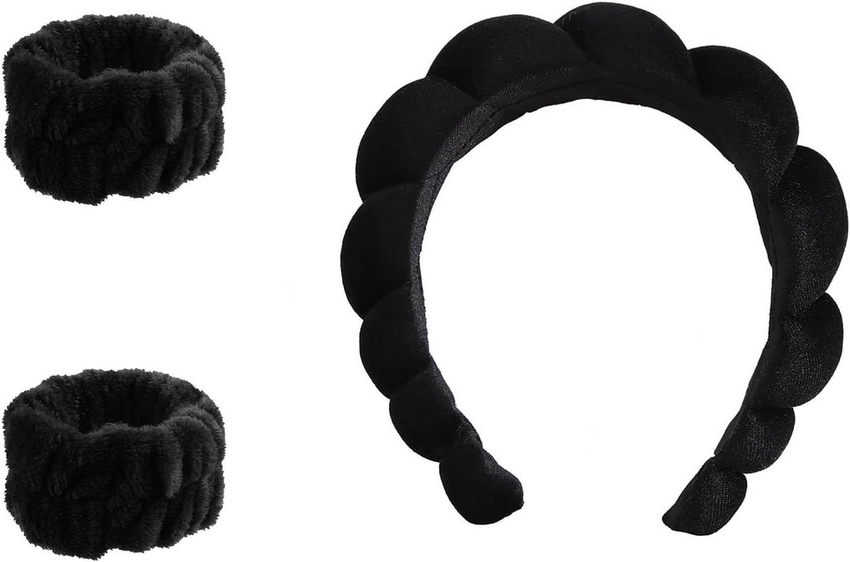Spa Hoofdband en Armbanden - Gezichtsreiniging Set - Huidverzorging - Dubbellaags Koraalfleece - One Size - Zwart