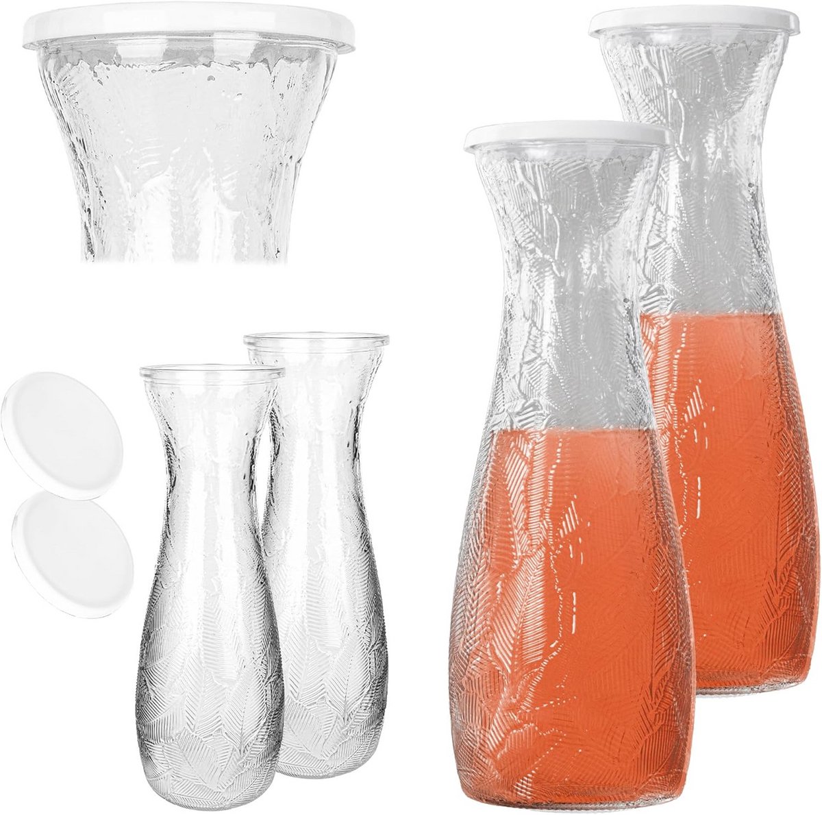 Glazen Waterkaraf met Deksel - 1 Liter Karaf voor Dranken, Limonade en Wijn (2 Stuks)