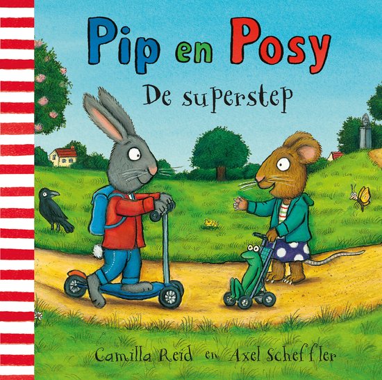 Couverture du livre avec Pip le lapin sur une trottinette et Posy la souris avec une charrette. "Pip et Posy La super trottinette".