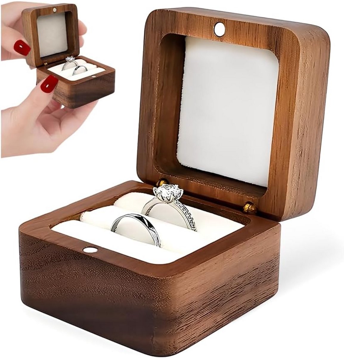 Houten Ringendoos voor Bruiloft en Verloving - Sieradendoosje met 2 Vakken