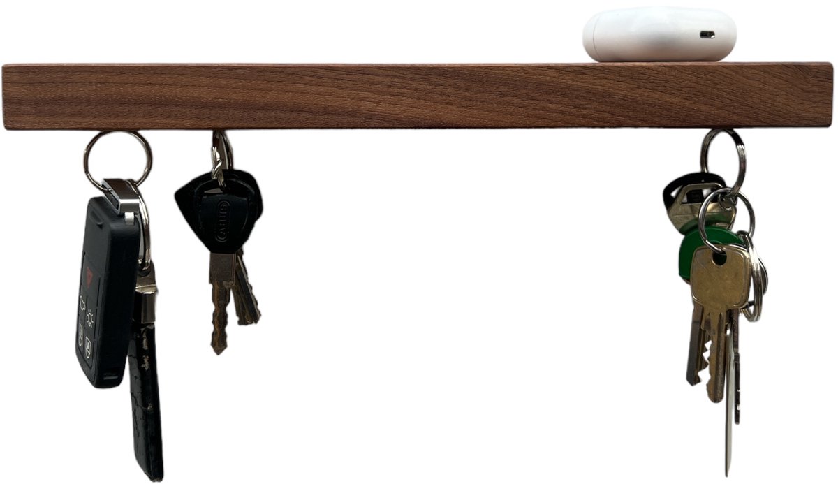 HangKey Plankie XL Notenhout - Wandplank Sleutelrekje van Massief Notenhout - Sleutelkastje voor Binnen - Houten Sleutelhouder en Organizer - 29,5 x 7 x 2,4 cm