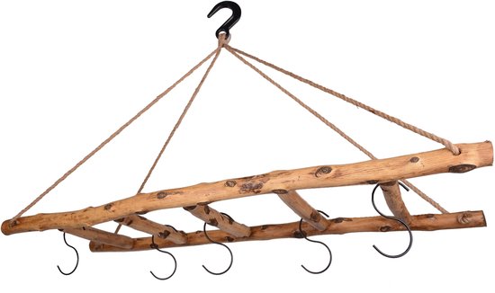 Houten ladder decoratie met touw en 6 haken, vintage stijl.
