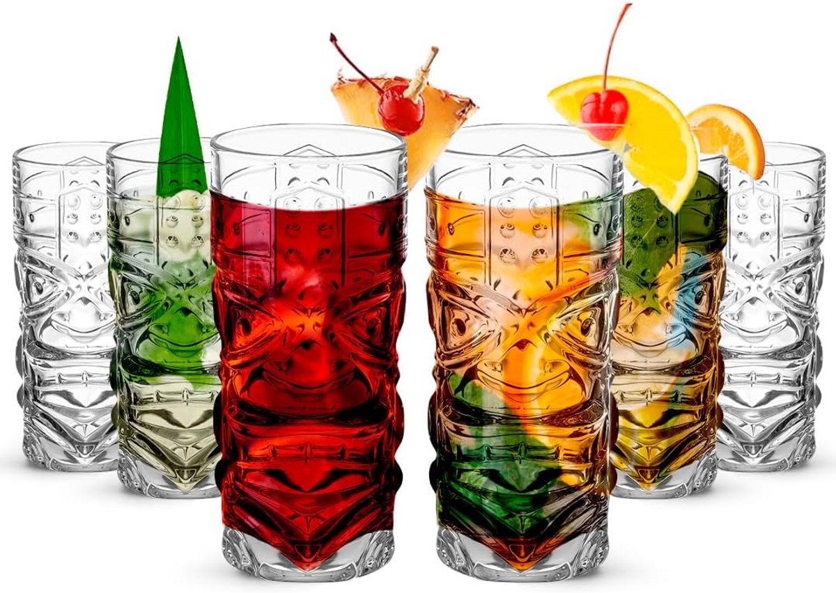 Set van 6 Tropische Tiki Glazen - 450ml - Voor Cocktails, Limonade en IJsthee